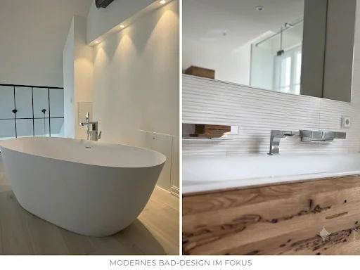 Modernes Bad mit frei­stehender Wanne, Holz-Waschtisch und stimmungs­voller Beleuchtung