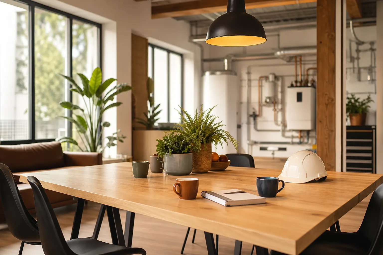Helle, moderne Pausenecke eines Handwerksbetriebs mit Holztisch, Kaffeebechern und Pflanzen — entspanntes Arbeitsklima