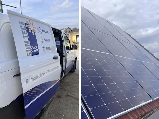 Installierte Photovoltaik-Anlage auf einem Dach und ein Service­fahrzeug von Sun Tec