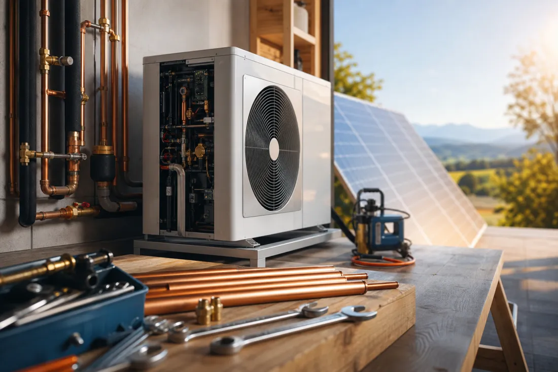 Aufgeräumter Werkstattbereich mit Kupferrohren, Werkzeugen, Wärmepumpe und Solarpaneelen im warmen Tageslicht
